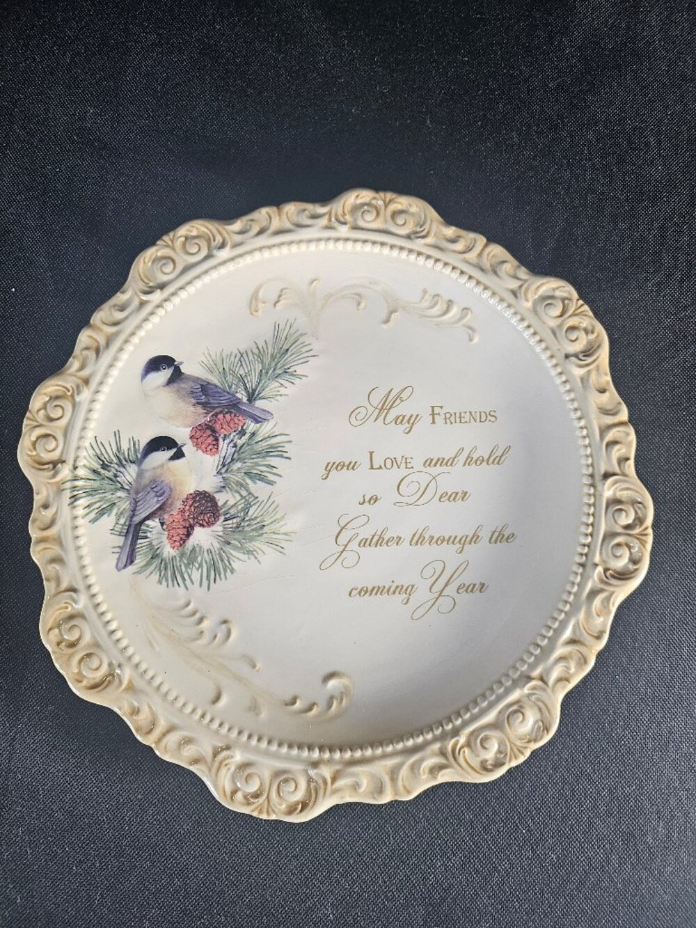 Elegant Ceramic Friendship Blessing Display Plate Winter Chickadees 10"